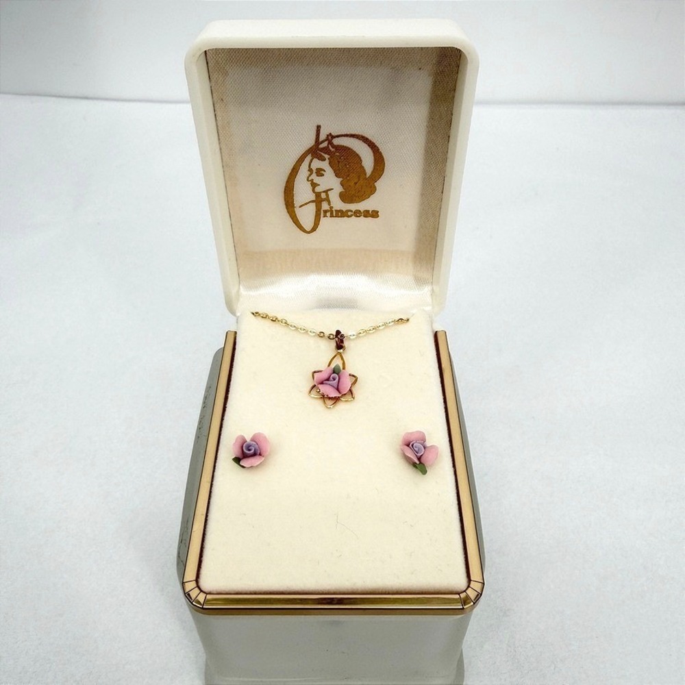 Princess Brand Jewelry SET Porcelain Rose Gold Tone VTG Gift Necklace & Earrings
